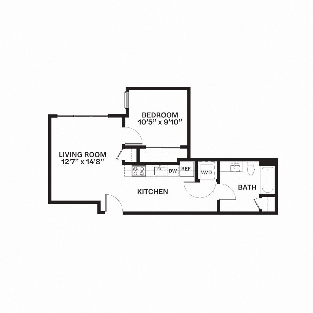 Floor plan for 1 bed, 1 bath, 634 sqft
